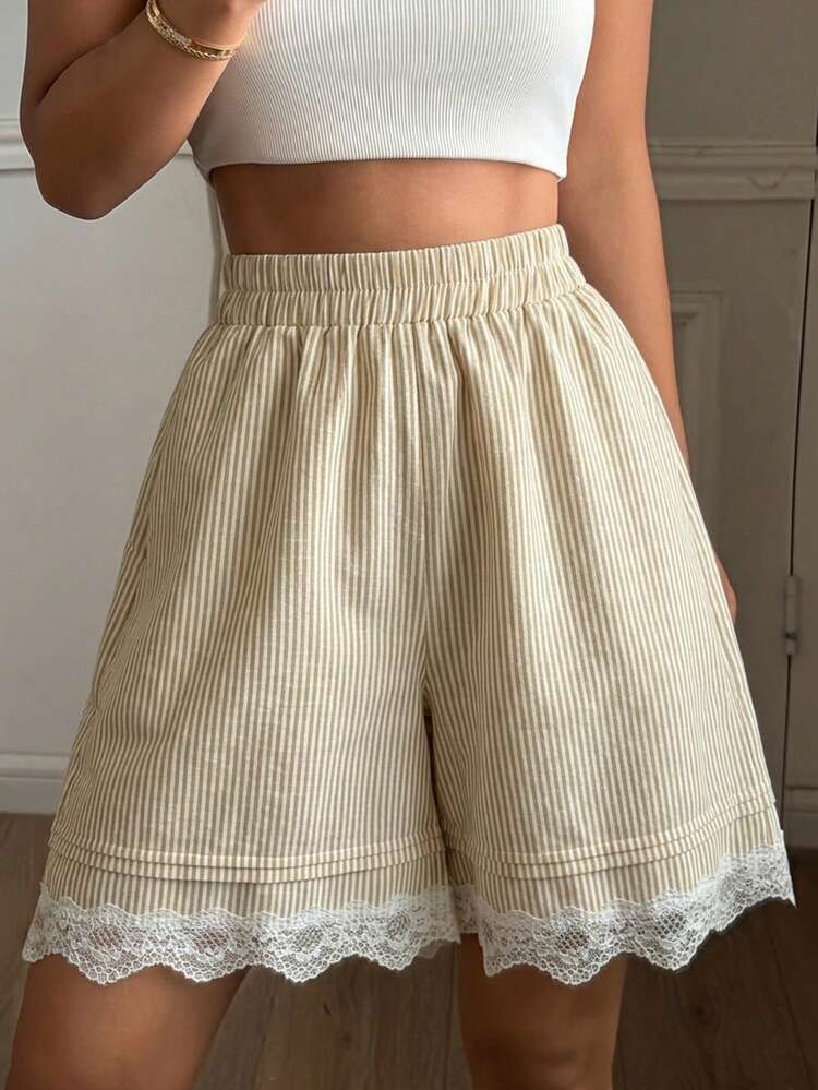 Women's Summer Striped Pleated Lace Patchwork Short Pajama Bottoms