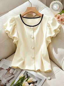 SHEIN Franclia 女士纯色荷叶袖圆领衬衫，黄色，时尚百搭法式短款珍珠纽扣装饰上衣，优雅夏季上衣 - 杏色 - 查看 3