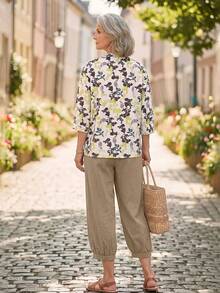 EMERY ROSE Middle-Aged & Elderly Women's Floral Print Shirt And Solid Color Pants Set - Multicolor - View 2