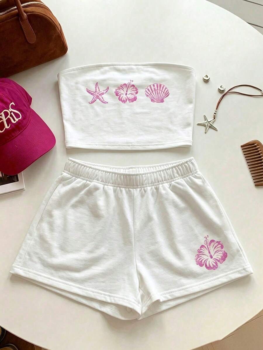 Comfortcana Women's Starfish Print Bandeau Top And Shorts Set, Vacation - Pink - View 1