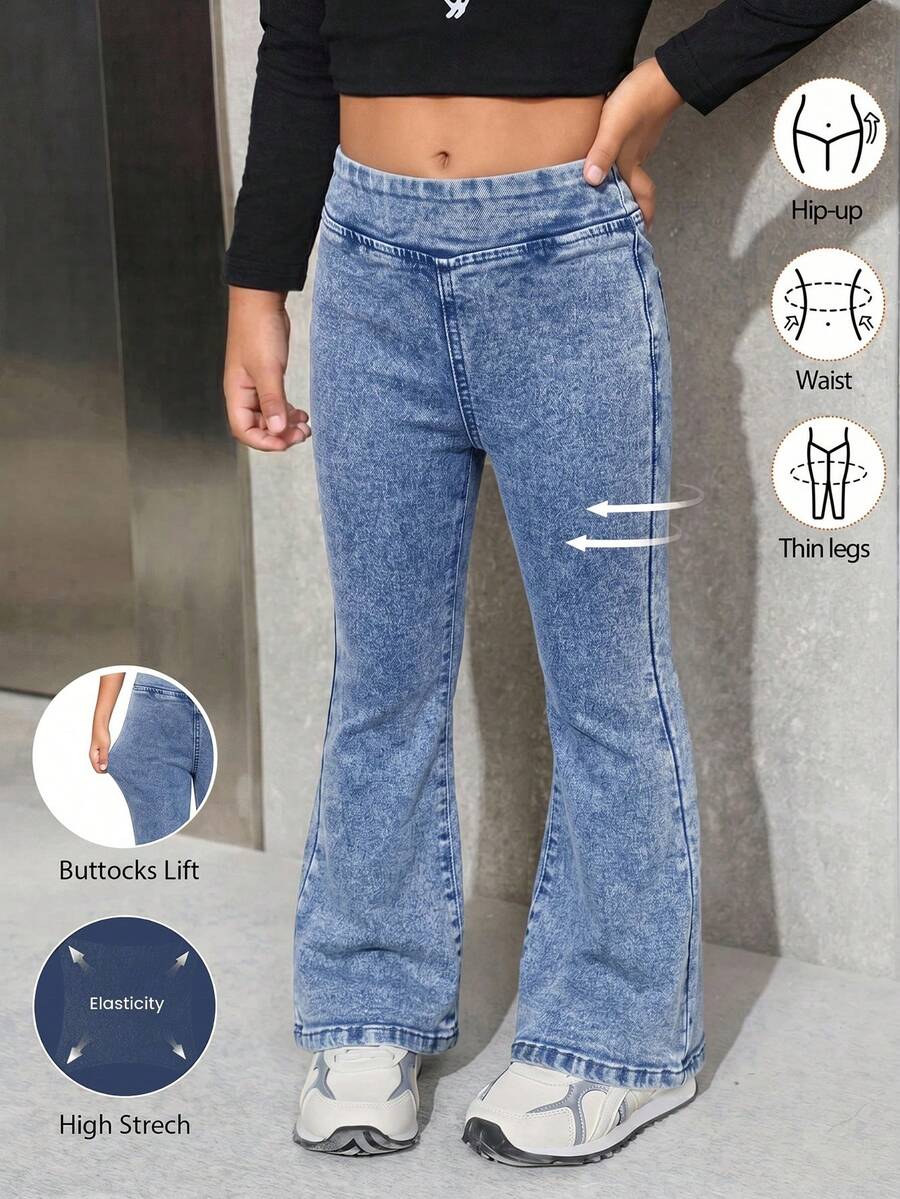 SHEIN 女童藍色牛仔彈力緊身喇叭褲 - 淺色水洗藍 - 查看 1