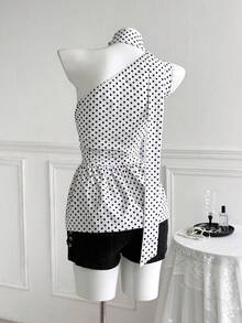 Sweetra Blusa Talla Grande con Cuello Asimétrico, Fruncido Blanco en Todo el Body, Bajo con Volante, Elegante para Citas, Vacaciones y Verano, Estilo Años 60 - Blanco - Ver 2