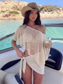SHEIN Swim 女款米色夏季波西米亞風海灘度假透視網紗罩衫，鏤空提花不對稱單肩無袖寬鬆下擺上衣 - 米色 - 查看 5