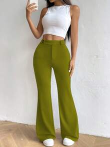 SHEIN Unity Women's Solid Color Minimalist Casual Long Pants - Green - View 5