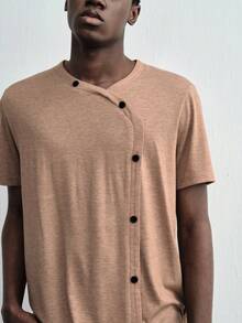 ROMWE MEN Street Life Men's Solid Color Casual Versatile Daily Wear Short Sleeve T-Shirt - Brown - View 2