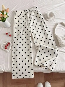 SHEIN Tall CURVE Quần jeans ống rộng cạp cao họa tiết chấm bi cho nữ CURVE dáng cao size lớn, phong cách đường phố thường ngày mùa hè - Đen và trắng - Xem 4