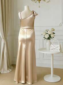 Váy satin màu hồng trang trí nơ một bên vai cho bé gái, váy midi xẻ tà xếp ly mùa hè, váy dạ hội dự tiệc thanh lịch - Rượu sâm banh - Xem 2