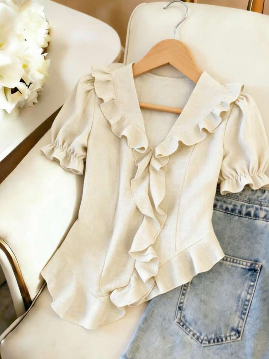 Qadelle Women's Blue Denim Effect Ruffle Trim Short Sleeve Shirt - Apricot - View 1