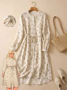 Rusticease Plus Size Ditsy Floral Long Sleeve Dress Single-Breasted Vintage Goth Cottage Core Style Beige Autumn Perfect For Beach Dinner Brunch Wedding Guest - Apricot - View 1
