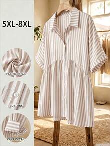 SHEIN CURVE+ 大尺碼女款前開鈕扣白色全圖案布料休閒傳統西式柔軟修身優雅短袖襯衫，適合秋季正式場合與度假 - 黑色 - 查看 1