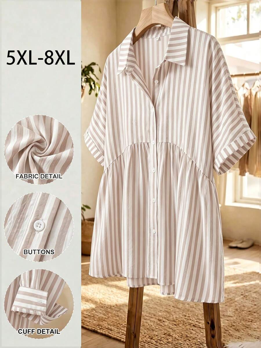SHEIN CURVE+ 大尺碼女款前開鈕扣白色全圖案布料休閒傳統西式柔軟修身優雅短袖襯衫,適合秋季正式場合與度假 - 黑色 - 查看 1