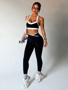 Glamine Conjunto de top de tirantes y pantalones deportivos casuales de mujer con contraste de color - Negro - Ver 5