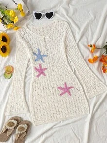 SHEIN Đầm khoác ngoài dệt kim tay chuông phối màu, họa tiết sao biển cắt rỗng cho bé gái tuổi teen, phù hợp đi biển mùa xuân, hè, thu - Màu be - Xem 1