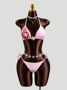 Zestiva Conjunto de bikini con cuello halter y estampado floral con falda con volantes para mujer - Multicolor - Ver 6