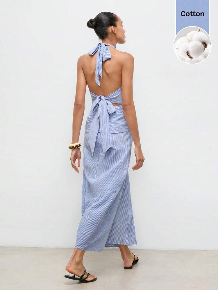 SHEIN Maija Women's Casual Vacation Light Blue And White Print Criss-Cross Backless Dress, Vacation ,Going Out Outfits ,Summer Holiday Outfits