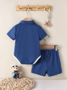 SHEIN Baby Contrast Color Patchwork Polo Collar Short Sleeve Outfit - Navy Blue - View 2
