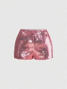 ROMWE Grunge Punk Plus Size Shiny Sequin Versatile Summer Shorts For Women - Pink - View 1