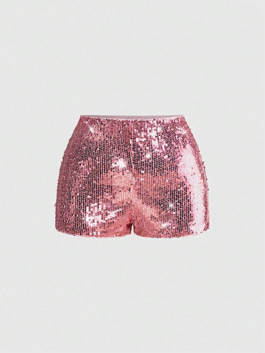ROMWE Grunge Punk Plus Size Shiny Sequin Versatile Summer Shorts For Women - Pink - View 1