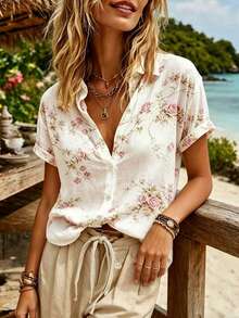 SHEIN Holidaya Women's New Summer Floral Print Collared Short Sleeve Shirt, Retro Chic, French Elegant Versatile For Commute And Vacation - Beige - View 4