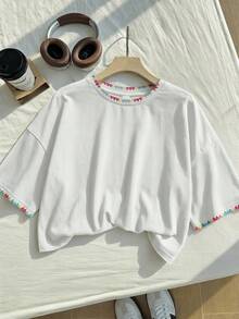 Comfortcana Áo thun tay ngắn cổ tròn, họa tiết vỏ sò nhiều màu sắc, phối màu tương phản, thích hợp cho mùa hè, lễ hội âm nhạc, phong cách Y2K, cỡ lớn. - trắng - Xem 4