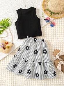 SHEIN Genkimix Kids 女童纯色圆领吊带背心 + 条纹印花荷叶边半裙两件套 - 黑與白 - 查看 2