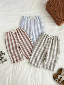 SHEIN 3pcs/Set Unisex Baby Clothes, Baby Boy Casual Cute Versatile Striped Ribbon Decor Elastic Waist Pants Set - Multicolor - View 3