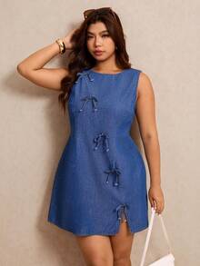 Elaquor Đầm denim không tay dáng rộng mùa hè, kiểu dáng thường ngày, có nơ trang trí. - Màu xanh lam - Xem 9