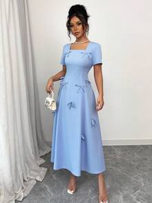 Rafferiza Đầm Maxi Tay Ngắn Cổ Vuông Thanh Lịch Dễ Thương Màu Xanh Trang Trí Nơ Cho Nữ - Màu xanh lam - Xem 8