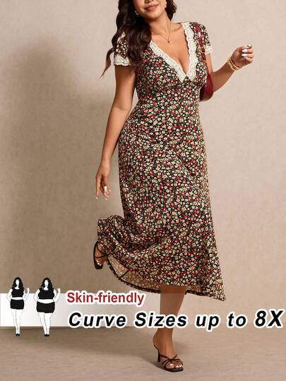 SHEIN CURVE+ Vestido de flores pequeñas de estilo casual para tallas grandes, vestidos de verano casuales para mujeres, vestidos de verano elegantes para mujeres, vestido de flores elegante clásico de talla media para el verano, vestido de verano elegante para vacaciones, vestido de invitada de boda, vestido de graduación, atuendo de festival, vestido floral para mujeres
