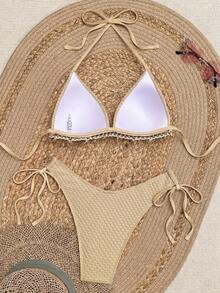 Swim Vcay Springbreak Solid Color Textured Fabric Shell Trim Halter Tie Bikini Top And Tie Triangle Bottoms Summer Vacation Beach Party Women's Bikini Set - Khaki - View 2