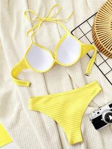 Swim SXY 女款夏季海灘純色掛脖綁帶性感比基尼泳衣套裝，內建鋼圈托高胸部 - 黃色 - 查看 2