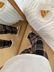 2pcs/Set Teen GirlCasual Loose Fit Drop Shoulder Top And Retro Plaid Pants Loungewear Set - White - View 7