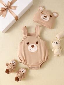 SHEIN Maillard 風棕熊連身衣套裝,包含吊帶褲、配套帽子和鞋子 - 3 件套裝,Cupid Pick,柔軟可愛的服裝,適合新生兒拍照、百日慶、1 歲生日 - 卡其色 - 查看 3