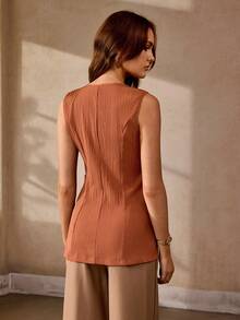 Selenza Áo blouse nữ mùa hè mới màu nâu, chất liệu vân nổi, xếp ly, cổ chữ V, tay lỡ, vạt mở, cài nút đơn, trang trí nút kim loại, eo chiết nơ thắt, dáng A bất đối xứng, phong cách thanh lịch, casual, đa năng, công sở, đô thị, tối giản, thoải mái - màu nâu - Xem 2