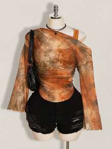 SHEIN ICON Blusa semi-transparente de mujer talla grande con cuello asimétrico y volantes en la cintura, estilo playa/resort, primavera/verano - Multicolor - Ver 1