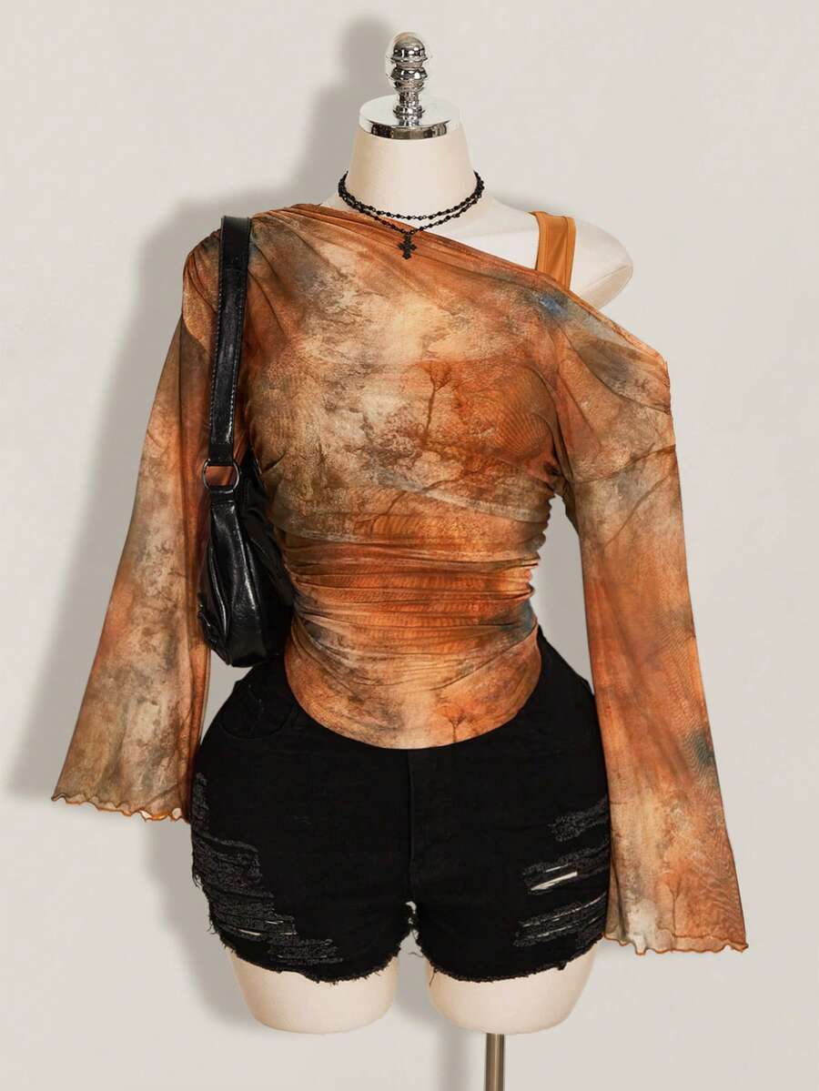 SHEIN ICON Blusa semi-transparente de mujer talla grande con cuello asimétrico y volantes en la cintura, estilo playa/resort, primavera/verano - Multicolor - Ver 1