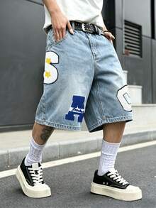 Manfinity EMRG Men's Light Wash Distressed Letter Flocking Denim Shorts, Holiday - Blue - View 3