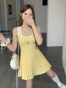 DAZY Color Block Patchwork Waist Cinched Casual Sports Mini Dress For Women, Summer - Yellow - View 6