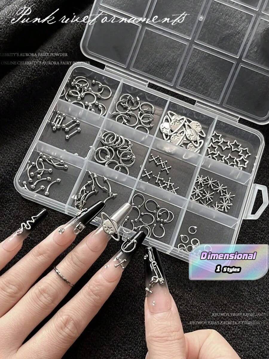 Bộ dụng cụ trang trí móng tay hình gai nhọn và dây xích phong cách Punk - Phụ kiện làm móng nghệ thuật Gothic tự làm, dụng cụ làm móng, phụ kiện trang trí móng, đá trang trí móng. - Bạc - Xem 1