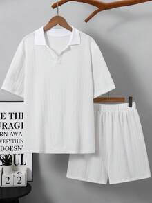 SHEIN 青少年男孩 2件組紋理布料 Polo 衫與短褲套裝，全白夏季家庭度假休閒風，適合戶外玩耍、派對 - 白色 - 查看 3