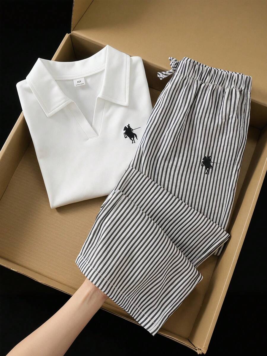 SHEIN 女童简约休闲奢华小马印花两件套:半开襟纽扣短袖T恤+黑白竖条纹阔腿裤,春夏日常街头穿搭 - 黑色 - 查看 1
