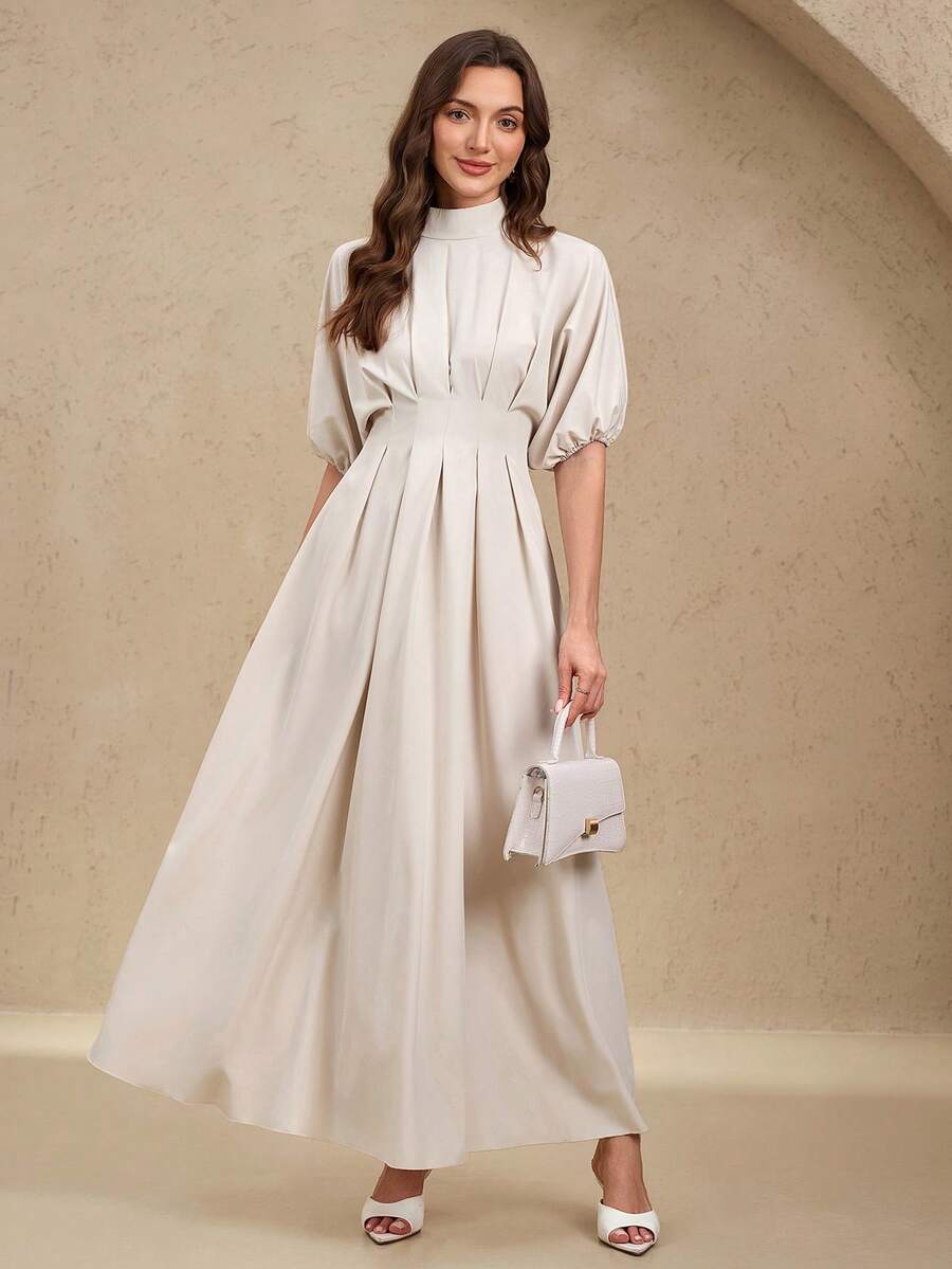 Rafferiza Elegant Round Neck Loose Solid Color Lantern Sleeve Fitted Waist Pleated Long Dress For Women - Khaki - View 1