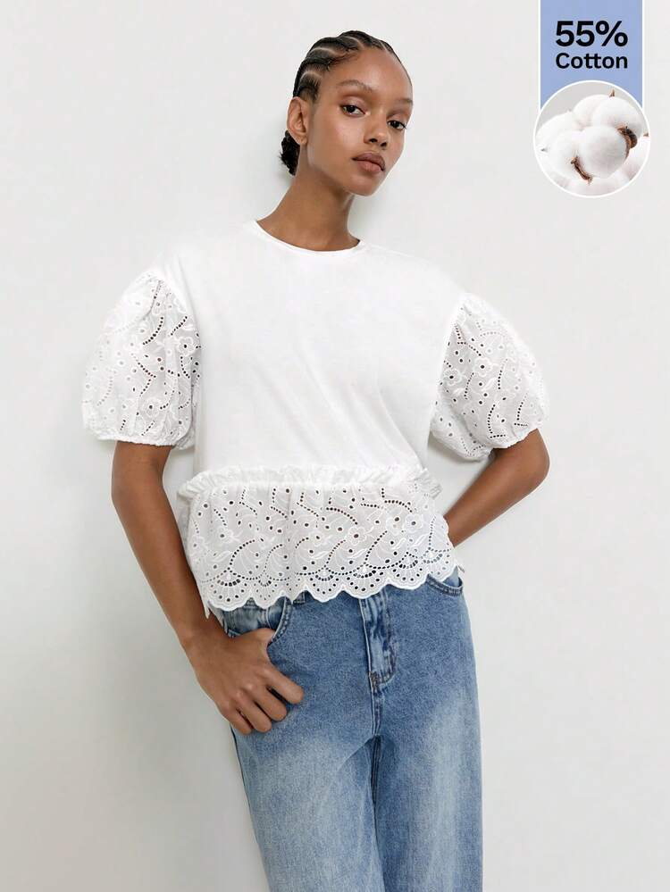 SHEIN Maija White Women's T-Shirt,Elegant Everyday Summer Eyelet Embroidery Patchwork Lantern Sleeve,Ruffle Hem Loose Minimalist Comfortable Vacation Tea Party