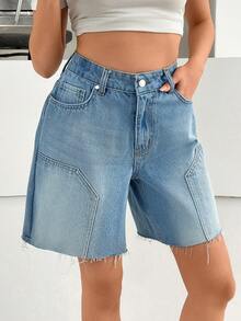 SHEIN Vintage Sexy White Panelled,Low Rise Wide Leg Denim Bermuda Shorts Swimming Summer - Light Wash - View 3