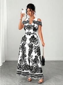 Elenzga Damen Große Größen Frühling/Sommer Klassisch Blau & Weiß Platzierter Muster Hemdkleid, V-Ausschnitt, Off-shoulder, Tailliert Taillenform, Modisch & Elegant für Date, Einkaufen, Pendeln, Alltag-Outfit - Schwarz und Weiss - Übersicht 4