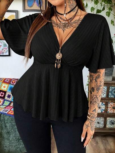 Whyspr Plus Size V-Neck Ruffle Sleeve Short Sleeve Women Solid Color Criss-Cross Wrap Casual Hem T-Shirt