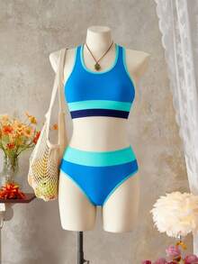 SHEIN Teen GirlContrast Color Bikini Set - Blue - View 3