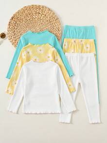 SHEIN 6pcs Baby Girl Knitted Solid Color Floral & Fruit Pattern Ruffle Collar Casual T-Shirt And Pants Set - Multicolor - View 2