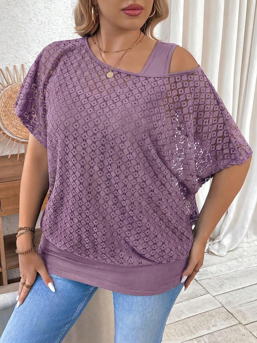 Linhara CURVE Áo khoác ngoài size lớn bằng vải ren rỗng, vai bất đối xứng, có lớp lót camisole tương phản, 2 trong 1, eo thắt, cổ tròn, phong cách thường ngày cho nữ, phù hợp đi chơi, du lịch và đi làm - Bụi tím - Xem 1