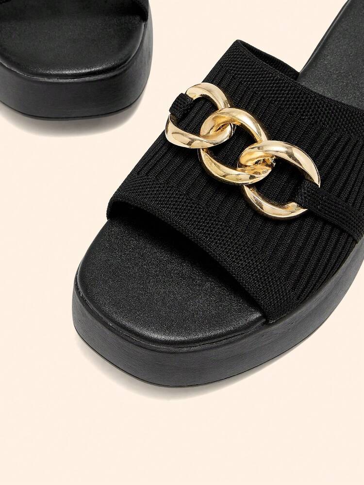 CUCCOO BASICS Women Shoes Round Head Thick-Soled Black Knitted Metal Chain Simple And Comfortable Breathable Women's Fashion Flat-Soled Thick-Soled Sandals Slippers Daily Versatile Commuter Women's Slippers